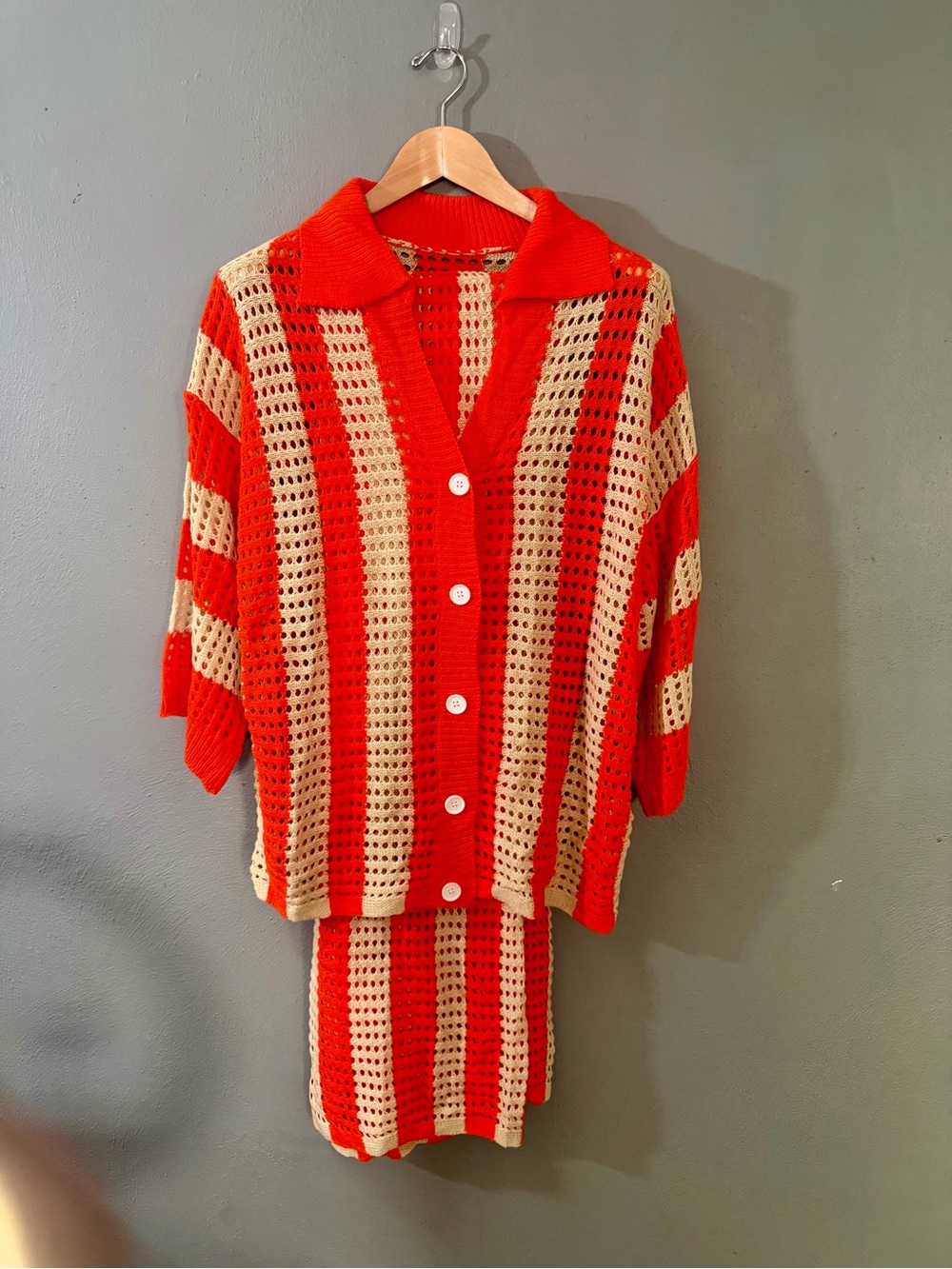 NWOT Striped Crochet Button-Front Top & Pant Set - Orange & Cream